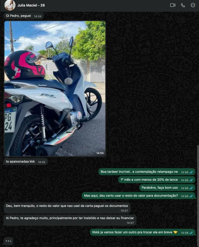 Depoimento de Julia — Moto Biz, cliente Martinelle & Avelar